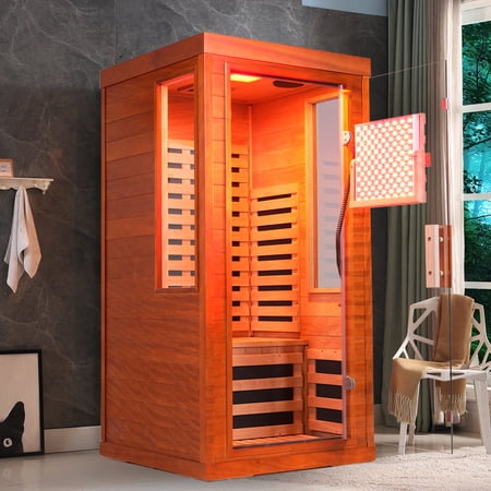 1 Person Full Spectrum Infrared Sauna Cabin, Okoume Wood Sauna Room with Red Light Therapy, Low EMF Carbon Fiber Heater, Bluetooth Speaker & 7 Color Light Therapy for Home Use