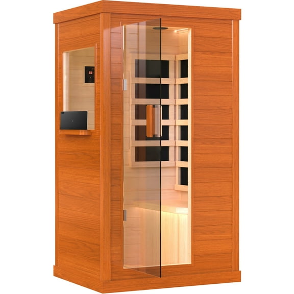 1 Person Infrared Sauna, Okoume Wood Far Infrared Saunas for Home, 900watt Indoor Personal Sauna Room Box with Control Panel, Glass Door, Blue-Tooth