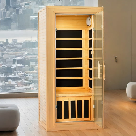 1 Person Low EMF Home Sauna Room with Far Infrared, 1180W Hemlock Wood Indoor Dry Sauna room Spa with Intelligent Control Panel, Glass Door, Blue-Tooth, 31.5 * 31.5 * 67in