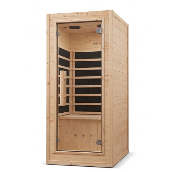 1-Person Mini Far Infrared Sauna, Compact Spruce Wood Indoor Spa, 900W Fast Heating, Bluetooth Speaker, LED Light & Cup Holder, Home Relaxation, 4.9 ft Tall