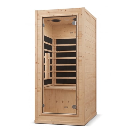 1-Person Mini Far Infrared Sauna, Compact Spruce Wood Indoor Spa, 900W Fast Heating, Bluetooth Speaker, LED Light & Cup Holder, Home Relaxation, 4.9 ft Tall