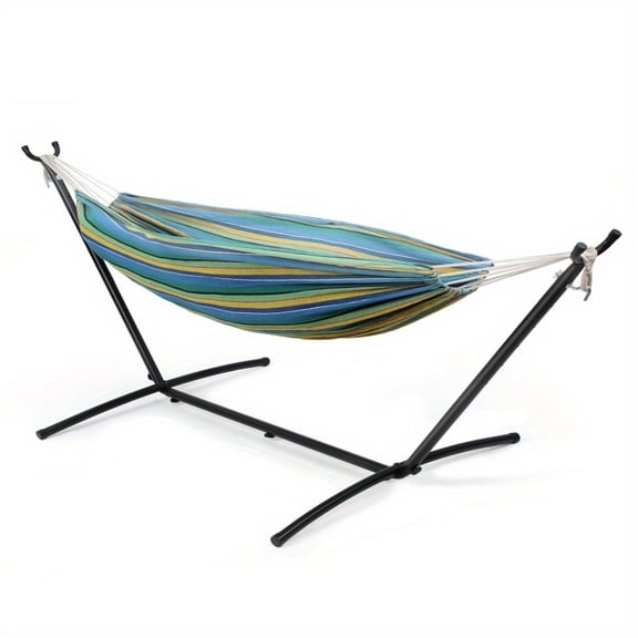 1-Person Portable Double Hammock with Adjustable Steel Stand - Heavy Duty 250lb Capacity 9ft Cotton Rope Outdoor/Indoor Hammock, Includes Tree Straps & Carry Bag for Camping, Patio, Beach