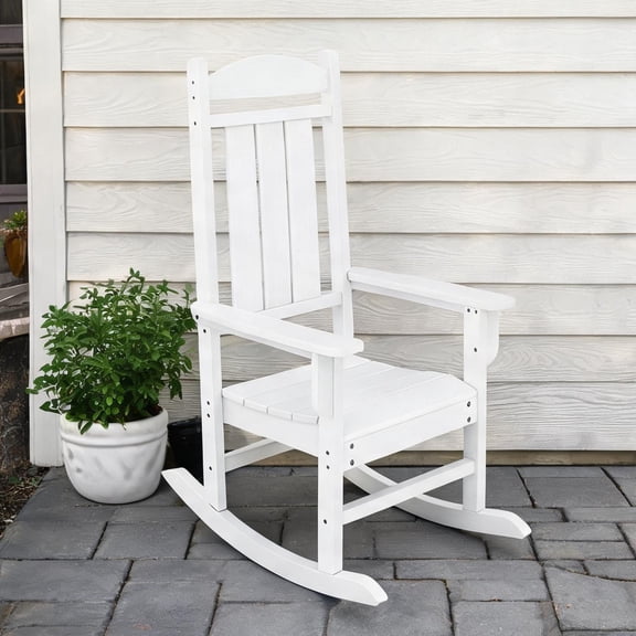 1-Person Traditional Porch Rocker in White HDPE Poly Lumber for Patio Relaxation
