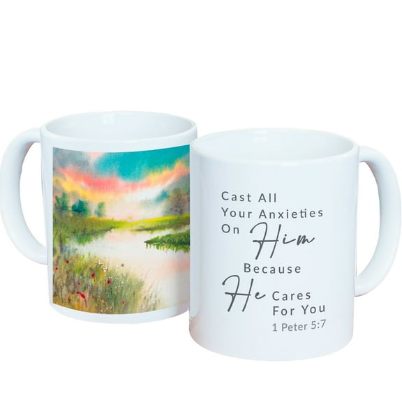 1 Peter 5:7 Ceramic Coffee Mug White 11oz, Bible Verse Cup