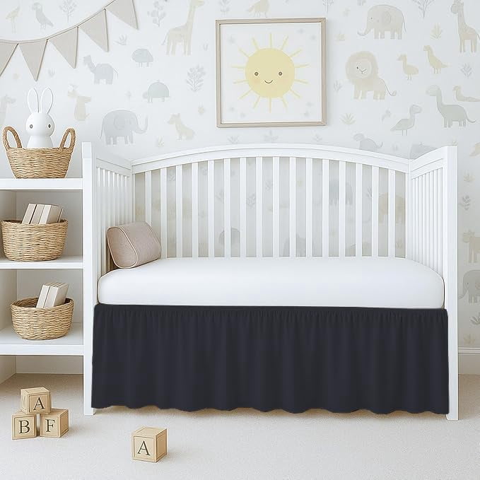 1 Piece 100% Egyptian Cotton 800 Thread Count Crib Ruffle Bed Skirts for Baby Girls (28” x 52” x 10") Inch Crib Ruffle Bed Skirts - Black Solid