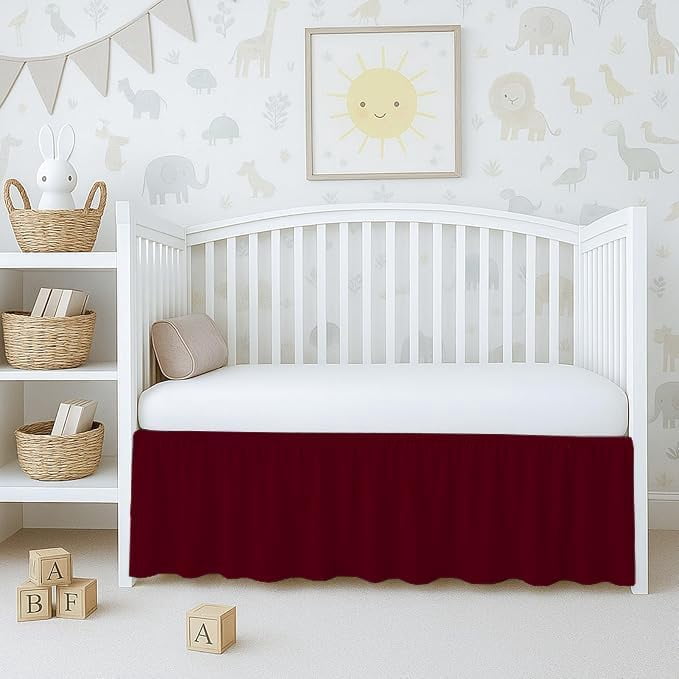 1 Piece 100% Egyptian Cotton 800 Thread Count Crib Ruffle Bed Skirts for Baby Girls (28” x 52” x 10") Inch Crib Ruffle Bed Skirts - Burgundy Solid