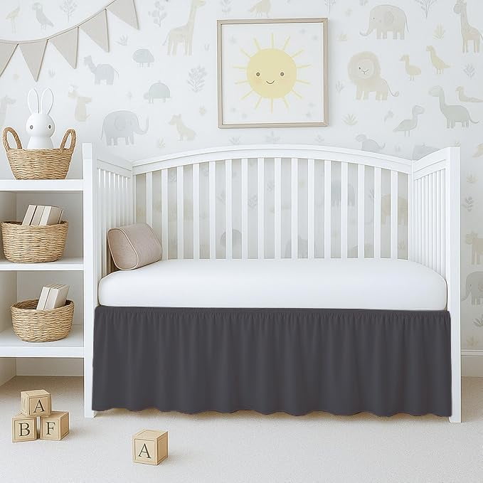 1 Piece 100% Egyptian Cotton 800 Thread Count Crib Ruffle Bed Skirts for Baby Girls (28” x 52” x 10") Inch Crib Ruffle Bed Skirts - Dark Grey Solid