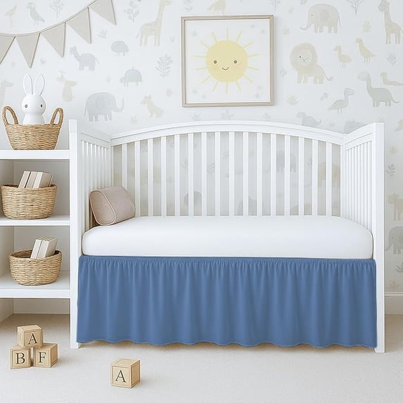 1 Piece 100% Egyptian Cotton 800 Thread Count Crib Ruffle Bed Skirts for Baby Girls (28” x 52” x 10") Inch Crib Ruffle Bed Skirts - Medium Blue Solid