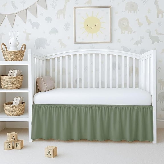1 Piece 100% Egyptian Cotton 800 Thread Count Crib Ruffle Bed Skirts for Baby Girls (28” x 52” x 16") Inch Crib Ruffle Bed Skirts - Sage Solid