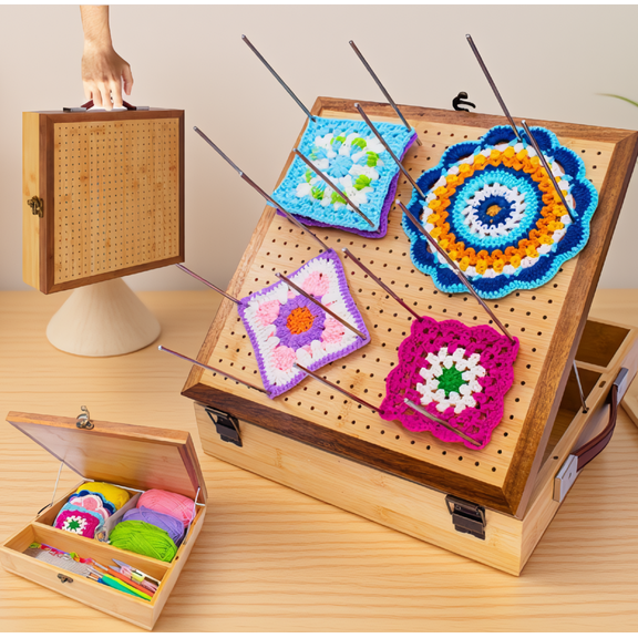 1-Piece 12x12 Inch Crochet Blocking Board with Storage Drawer, 441 Holes, 22 Pins Included, Wood