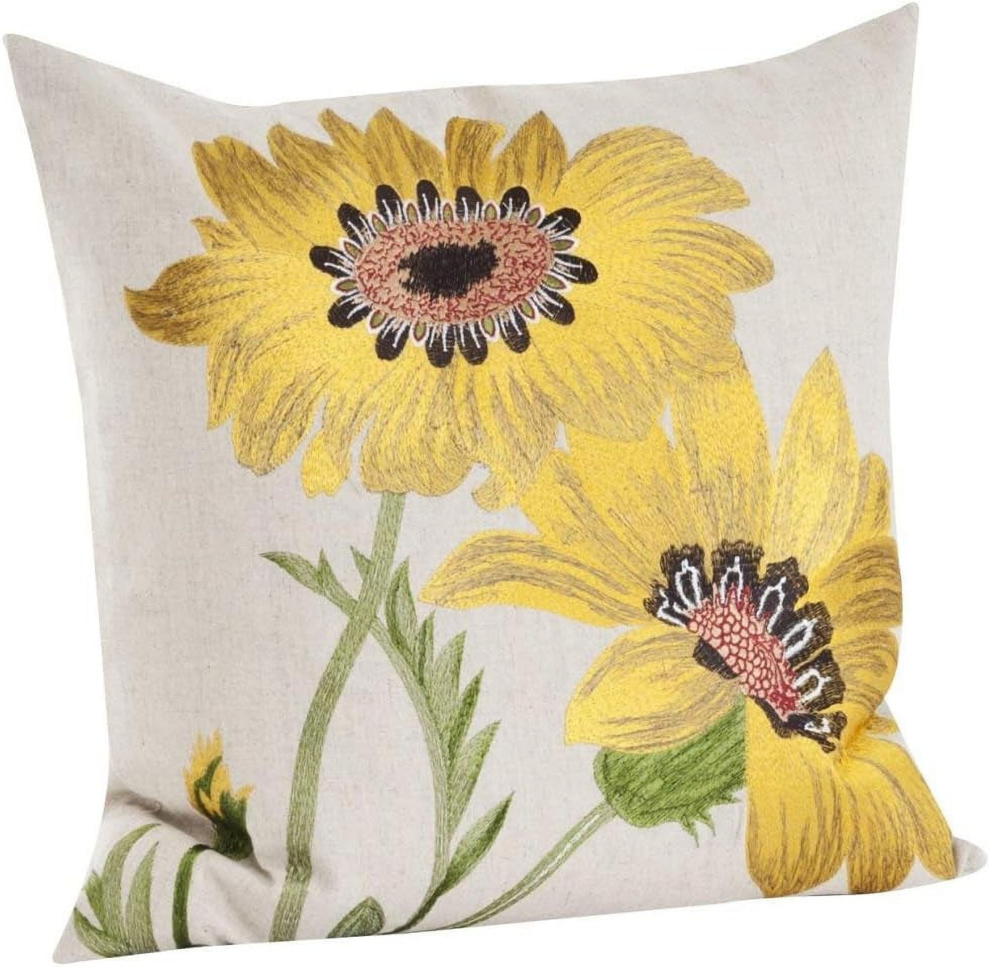 Yellow Floral Embroidered Cotton Linen Square Throw Pillow