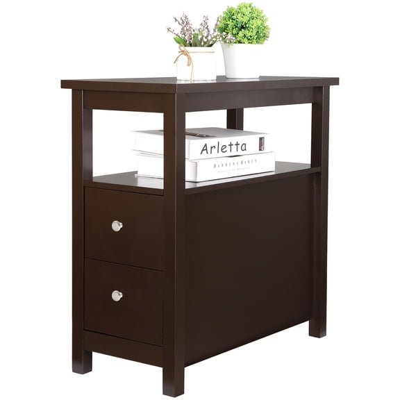 Favory Side Table Living Room, Narrow End Table with Drawer and Shelf, 3-Tier Sofa End Table for Small Space, Espresso