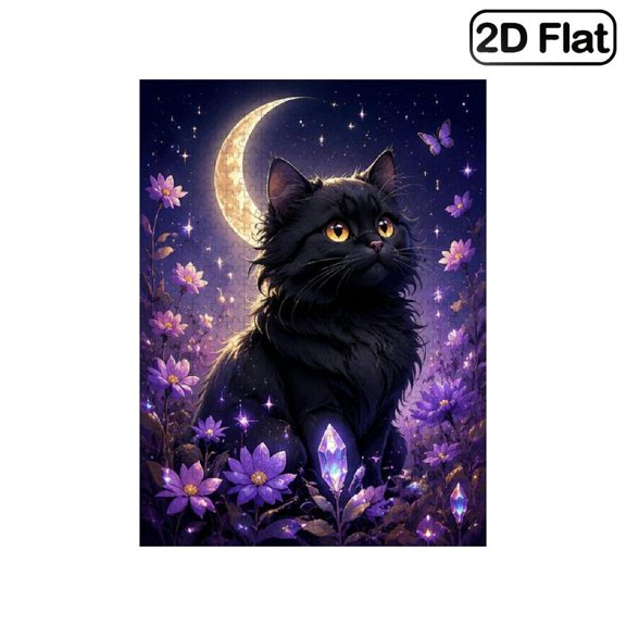 1 Piece, 2D Frameless Paper Puzzle, 500pc, 20.4*15in, Black Cat Moon with Purple Flower Whimsical Night Scene, Educational, Great Gift for Fantasy Fans, Ideal Present for Birthday