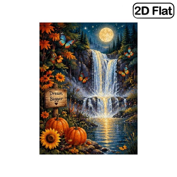 1 Piece, 2D Frameless Paper Puzzle, 500pc, 20.4*15in, Butterfly Waterfall Pumpkin Autumn Landscape with Inspirational Quote Scene, Brain Game, Educational, Great Gift for Fall Harvest Fans