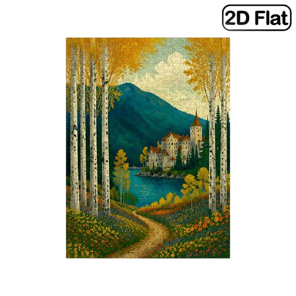 1 Piece, 2D Frameless Paper Puzzle, 500pc, 20.4*15in, Castle by the Lake with Autumn Birch Forest Mountain View, Educational, Great Gift for Families, Ideal Present for Christmas