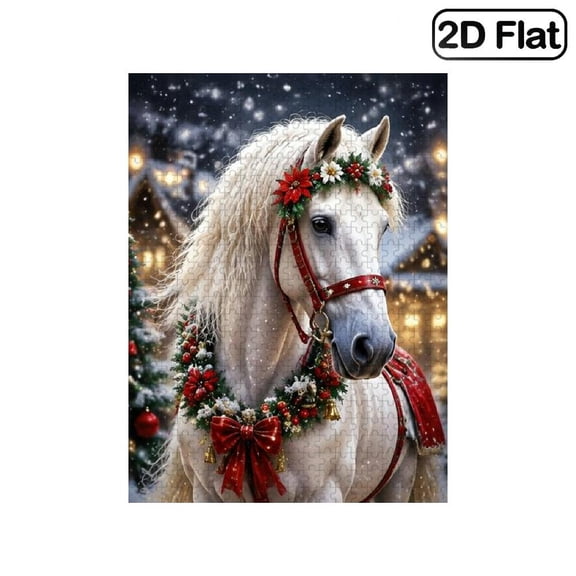 1 Piece, 2D Frameless Paper Puzzle, 500pc, 20.4*15in, Christmas White Horse with Festive Winter Holiday Scene, Brain Game, Educational, Great Gift for Horse and Holiday Fans