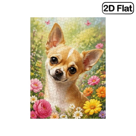 1 Piece, 2D Frameless Paper Puzzle, 500pc, 20.4*15in, Cute Chihuahua Dog in Flower Garden with Animal Art Scene, Brain Game, Family Game Night, Can Be Wall Decor