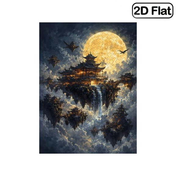 1 Piece, 2D Frameless Paper Puzzle, 500pc, 20.4*15in, Fantasy Mythical Asian Floating Temple with Full Moon Waterfall Scene, Educational, Great Gift for Fantasy Fans, Ideal Present for Birthday
