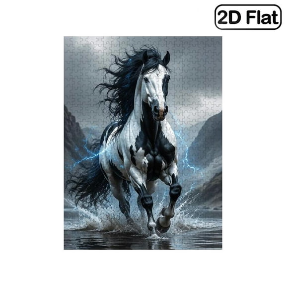 1 Piece, 2D Frameless Paper Puzzle, 500pc, 20.4*15in, Horse Running through Water with Dynamic Lightning Storm Scene, Brain Game, Educational, Great Gift for Wildlife Storm Art Fans