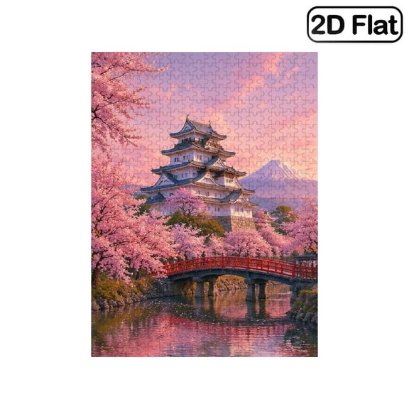 1 Piece, 2D Frameless Paper Puzzle, 500pc, 20.4*15in, Japanese Castle with Cherry Blossom Scenic Art View, Brain Game, Educational, Great Gift for Scenic Art Fans
