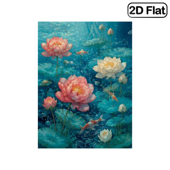 1 Piece, 2D Frameless Paper Puzzle, 500pc, 20.4*15in, Lotus Flower with Koi Fish and Pond Landscape View, Educational, Great Gift for Art Lovers, Ideal Present for Birthday