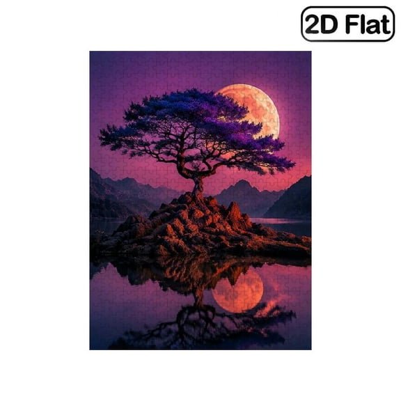 1 Piece, 2D Frameless Paper Puzzle, 500pc, 20.4*15in, Majestic Bonsai Tree under Vibrant Moonlit Night Sky Scene, Brain Game, Family Game Night, Can Be Wall Decor