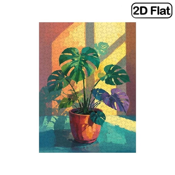 1 Piece, 2D Frameless Paper Puzzle, 500pc, 20.4*15in, Monstera Plant Potted with Botanical Illustration Art Scene, Educational, Great Gift for Indoor Garden Fans, Ideal Present for Birthday