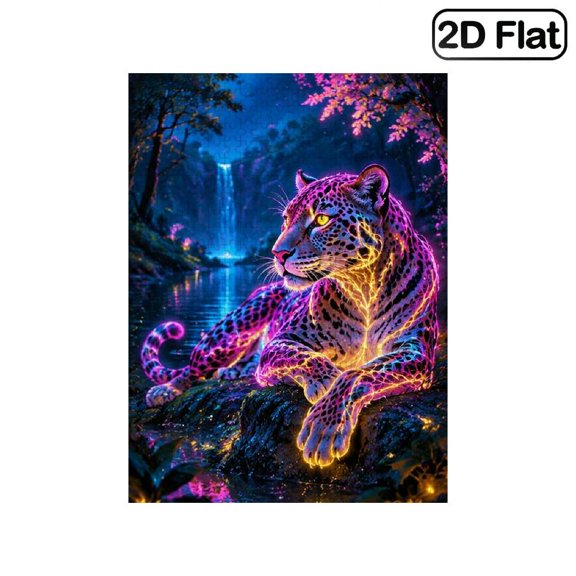 1 Piece, 2D Frameless Paper Puzzle, 500pc, 20.4*15in, Neon Leopard with Jungle Waterfall Vibrant Art Scene, Educational, Great Gift for Art Lovers, Ideal Present for Birthday