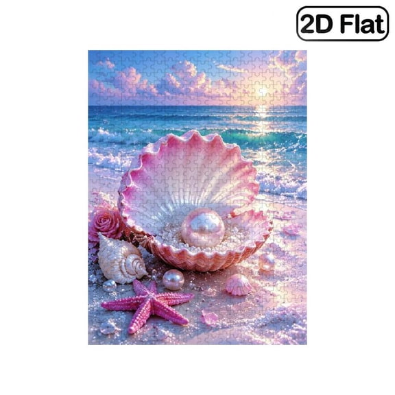 1 Piece, 2D Frameless Paper Puzzle, 500pc, 20.4*15in, Ocean Theme Seashell and Pearl with Beach Landscape Art Scene, Educational, Great Gift for Nature Fans, Ideal Present for Birthday