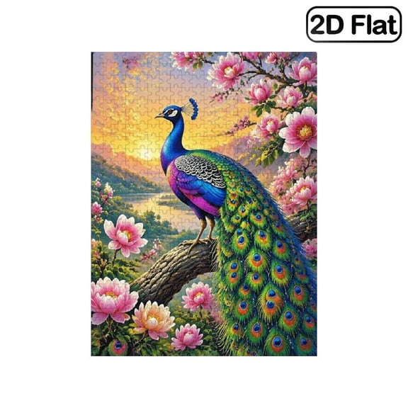 1 Piece, 2D Frameless Paper Puzzle, 500pc, 20.4*15in, Peacock with Pink Floral Art and Zen Theme Scene View, Brain Game, Educational, Great Gift for Relaxing Decor Fans