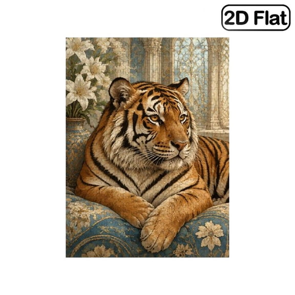 1 Piece, 2D Frameless Paper Puzzle, 500pc, 20.4*15in, Royal Tiger with Majestic Wildlife and Floral Vase Scene, Educational, Great Gift for Art Lovers, Ideal Present for Birthday