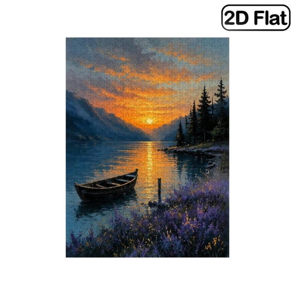 1 Piece, 2D Frameless Paper Puzzle, 500pc, 20.4*15in, Sunset Lake with Boat and Scenic Landscape View, Educational, Great Gift for Families, Ideal Present for New Year