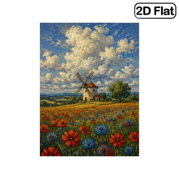 1 Piece, 2D Frameless Paper Puzzle, 500pc, 20.4*15in, Windmill and Flower Field with Serene Countryside Landscape, Educational, Great Gift for Families, Ideal Present for Christmas