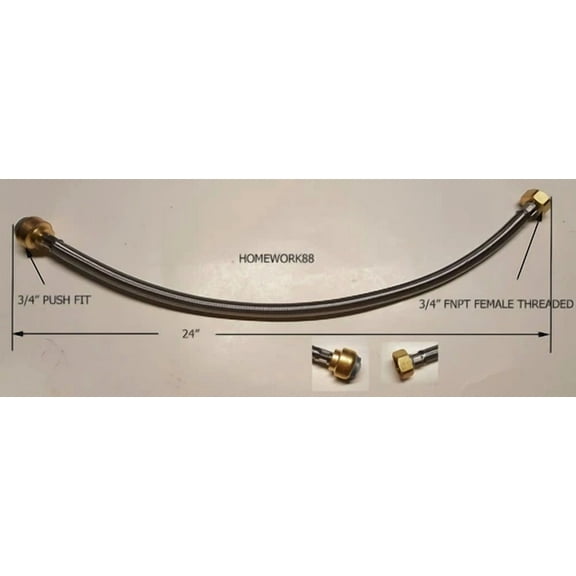 1 Piece 3/4" Push Fit X 3/4" Fnpt Female 24" Long Braided Stainless Steel Hose