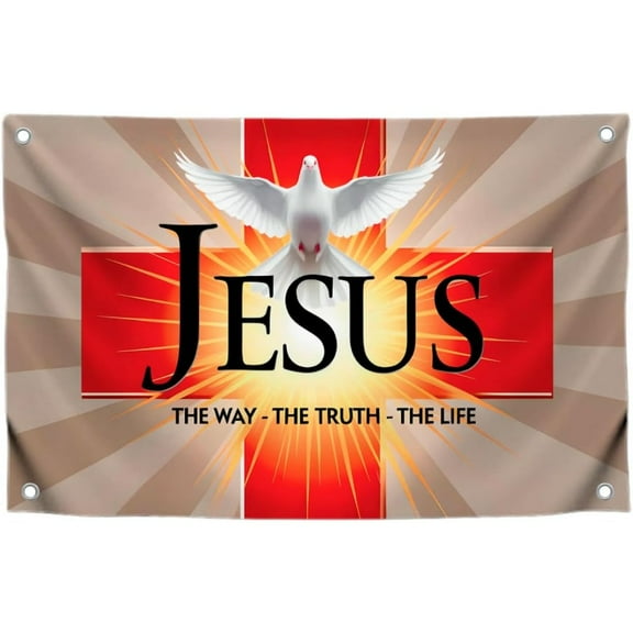 1 Piece 3x5 Feet Christian Flag "Jesus Way-Truth-Life" with Cross and Dove Design - Durable Polyester Religious Banner, Suitable for Indoor/Outdoor Wall, Garden, Church Decoration - 4 Grommets