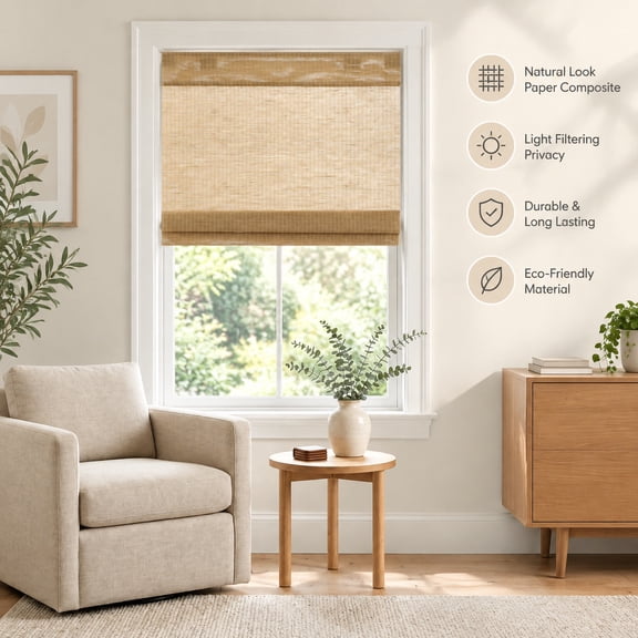 1 Piece 40X64" Cordless Roman Shade, Natural Woven Light Filtering, No Drill Installation, Neutral