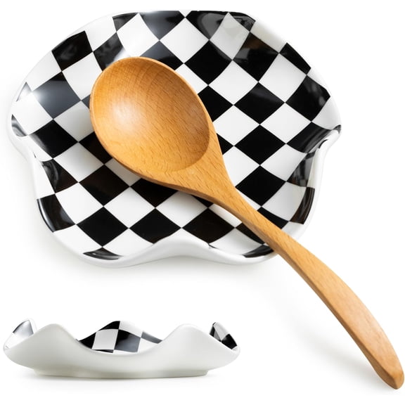1 Piece 5.3 Inch Checkered Ceramic Spoon Rest Stove Top Holder Kitchen Utensil Pad