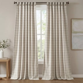 1 Piece 50X84" Plaid Rod Pocket And Front Tab Curtain Panel With Button And Fleece Lining,Neutral