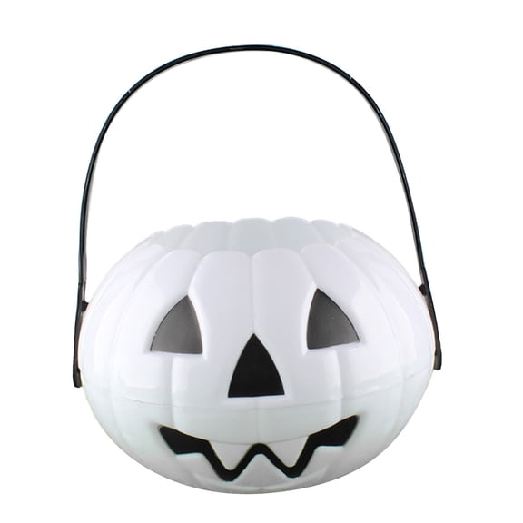 1-Piece 6.88" Medium Halloween Pumpkin Bucket, Collapsible Detachable Plastic Jack-o'-Lantern Pail with Handle for Trick or Treating, White
