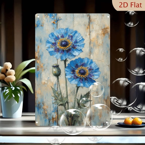 1 Piece 8x12in Blue Poppy Flowers Rustic Wood Wall Art, Vibrant Floral Painting with Green Bud on Weathered Background, Impressionistic Metal Tin Sign Decor for Home Living Room Kitchen