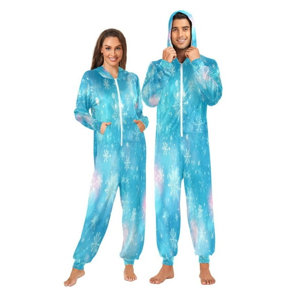 1 Piece Adult Onesie Pajamas Cozy & Loose-Fit Sleepsuit Loungewear with Pockets Blue Snowflake Background X-Small