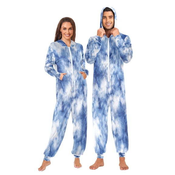 1 Piece Adult Onesie Pajamas Cozy & Loose-Fit Sleepsuit Loungewear with Pockets Blue Tie-dye Pattern X-Large