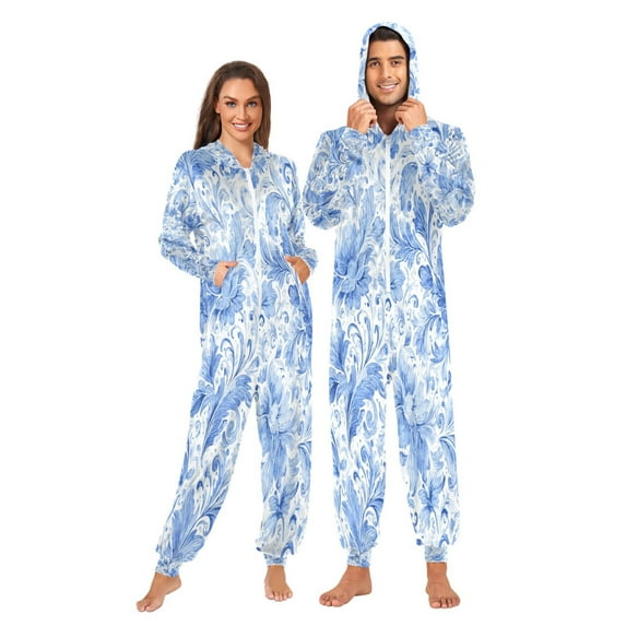1 Piece Adult Onesie Pajamas Cozy & Loose-Fit Sleepsuit Loungewear with Pockets Blue Watercolor Floral Pattern Large