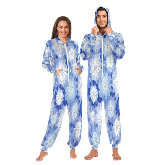 1 Piece Adult Onesie Pajamas Cozy & Loose-Fit Sleepsuit Loungewear with Pockets Blue and White Snowflake XX-Large