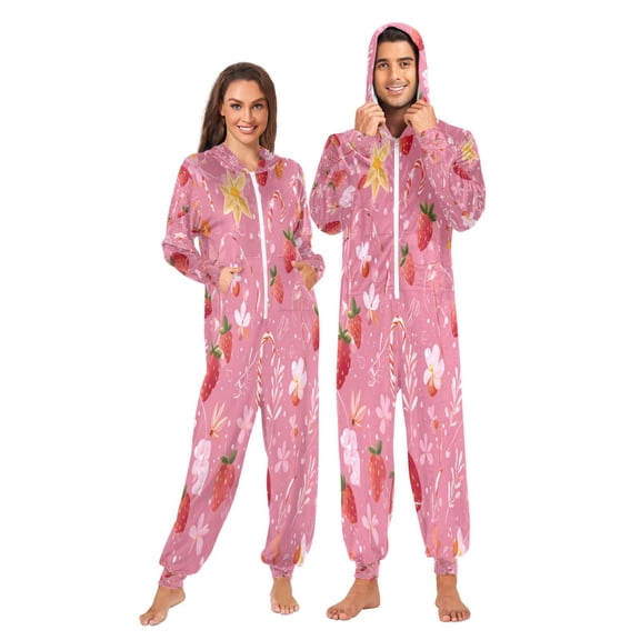 1 Piece Adult Onesie Pajamas Cozy & Loose-Fit Sleepsuit Loungewear with Pockets Candy Cane and Strawberry Pattern Large