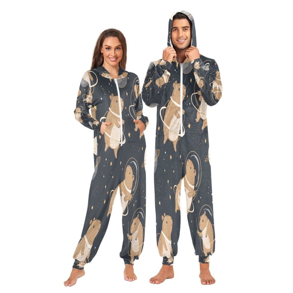 1 Piece Adult Onesie Pajamas Cozy & Loose-Fit Sleepsuit Loungewear with Pockets Capybara Astronauts Small