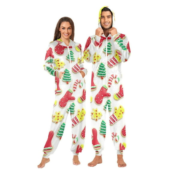 1 Piece Adult Onesie Pajamas Cozy & Loose-Fit Sleepsuit Loungewear with Pockets Christmas Cookies Large