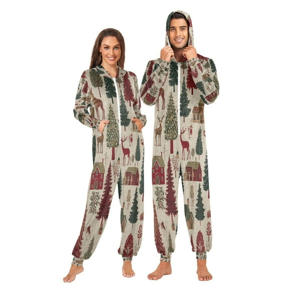 1 Piece Adult Onesie Pajamas Cozy & Loose-Fit Sleepsuit Loungewear with Pockets Christmas Trees Deer and Houses Large