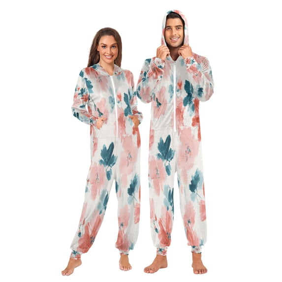 1 Piece Adult Onesie Pajamas Cozy & Loose-Fit Sleepsuit Loungewear with Pockets Coral and Teal Floral Pattern XXX-Large