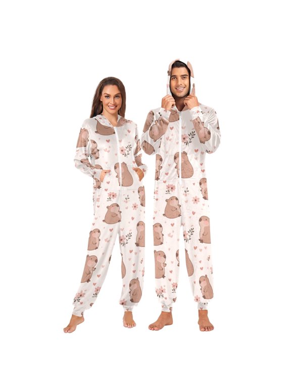 1 Piece Adult Onesie Pajamas Cozy & Loose-Fit Sleepsuit Loungewear with Pockets Cute Capybaras Small